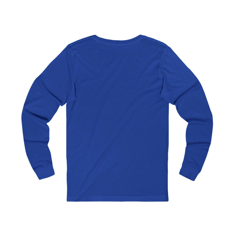 Back view of a blue unisex swag long sleeve tee made from soft breathable fabric with ribbed cuffs and a crew neck collar.