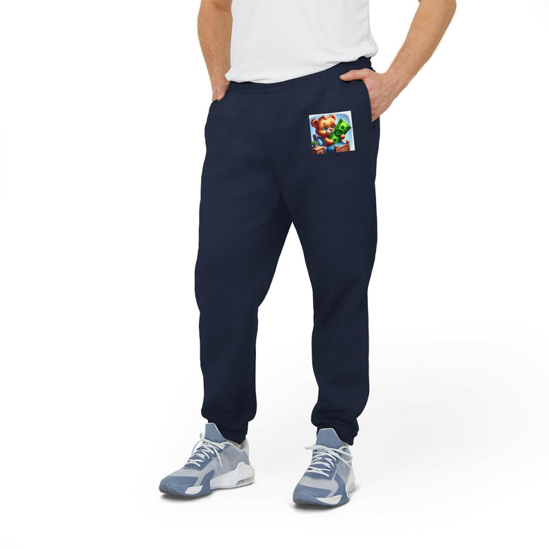 Cozy unisex fleece joggers in navy with elastic waistband and cuffed hems, featuring a colorful gaming graphic on the thigh.