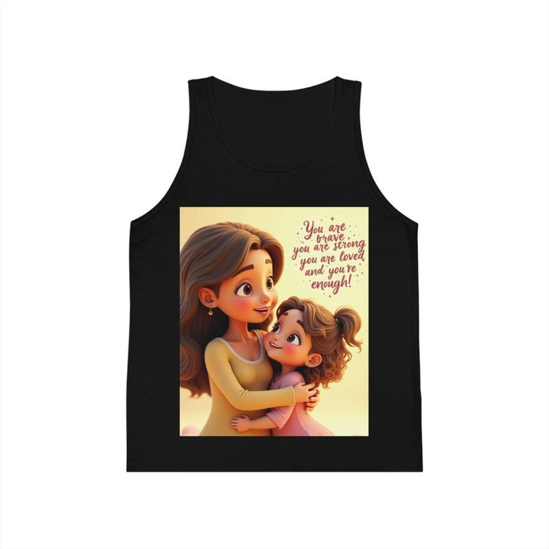 Black kid's jersey tank top with inspirational message and cartoon mother hugging child design