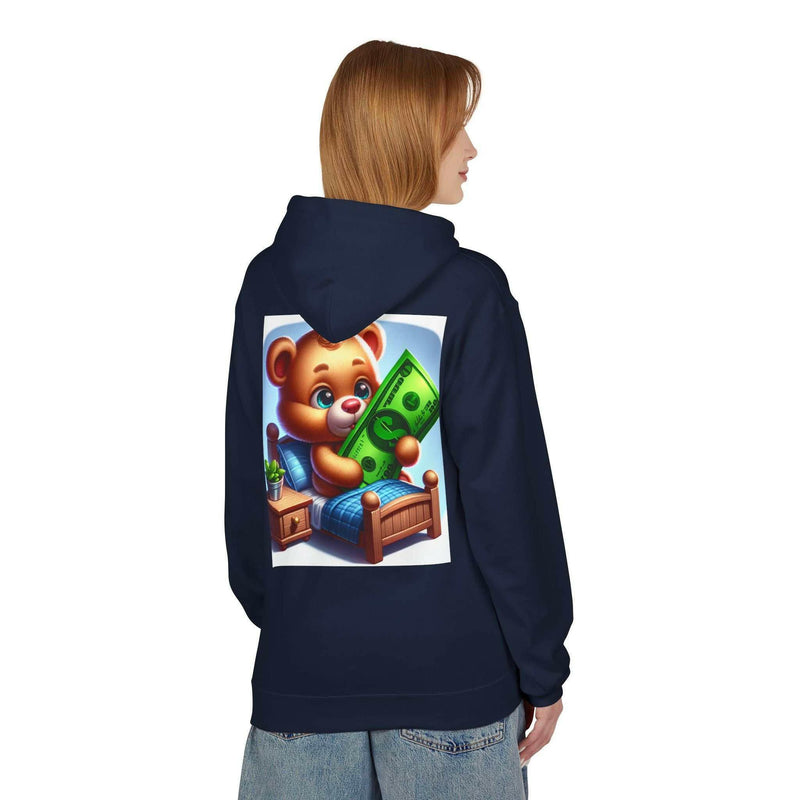 Unisex navy Built Differently Blessing casual hoodie with teddy bear holding dollar bill graphic on back, soft fleece, relaxed fit pullover sweatshirt.