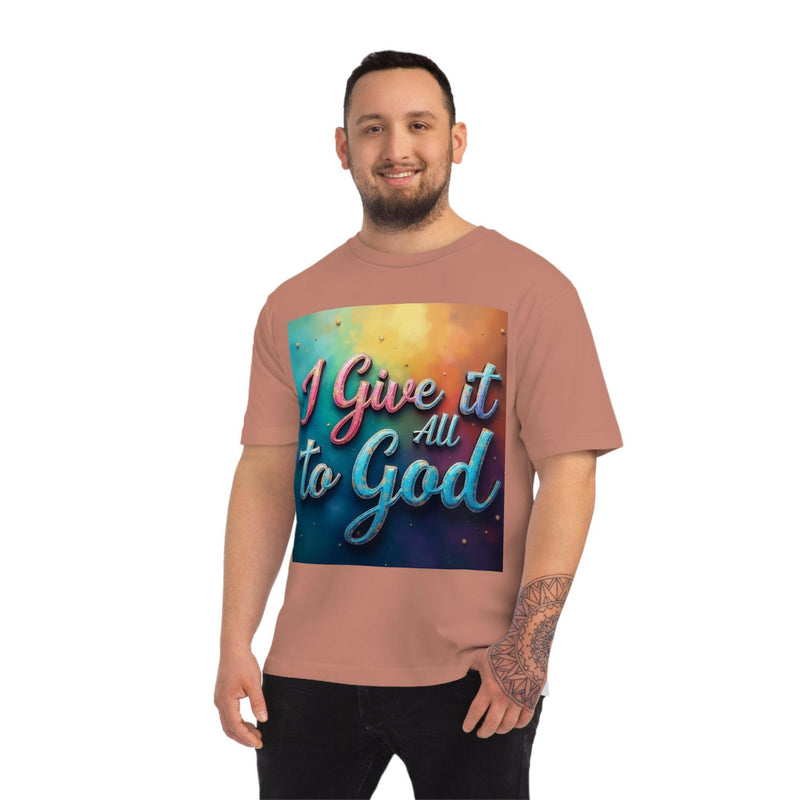 Man wearing Inspirational Unisex Fuser T-Shirt with "I Give it All to God" faith message on front