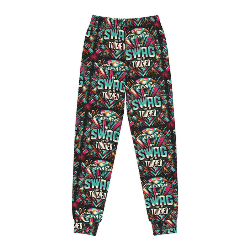 Youth joggers with colorful swag print, elastic waistband, and side pockets, trendy hip hop style activewear for kids.