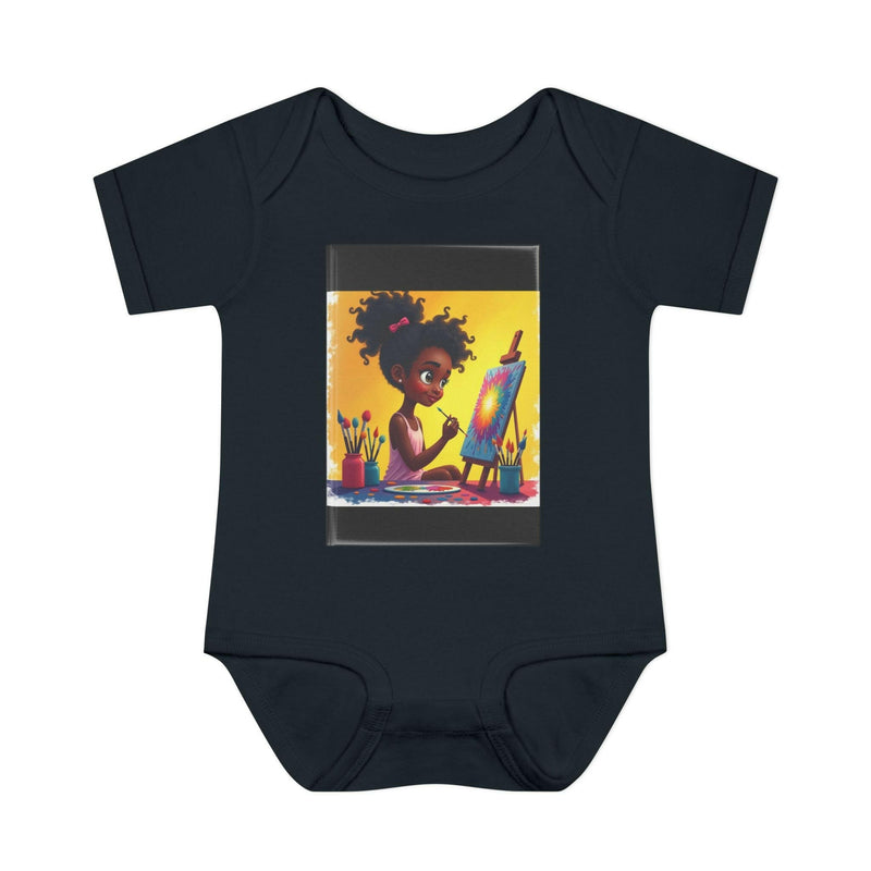 Black baby bodysuit featuring colorful illustration of a young girl painting on an easel, made of soft cotton with lap shoulder design and three-snap closure.