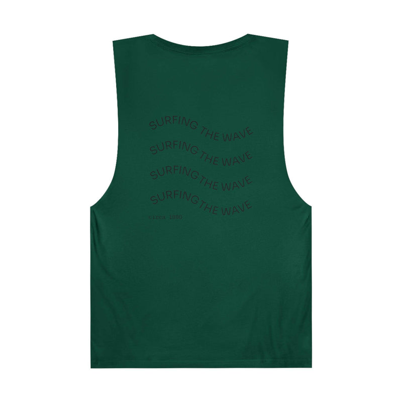 Unisex graphic tank top in dark green with "Surfing the Wave" text graphic on the back, casual summer wear.