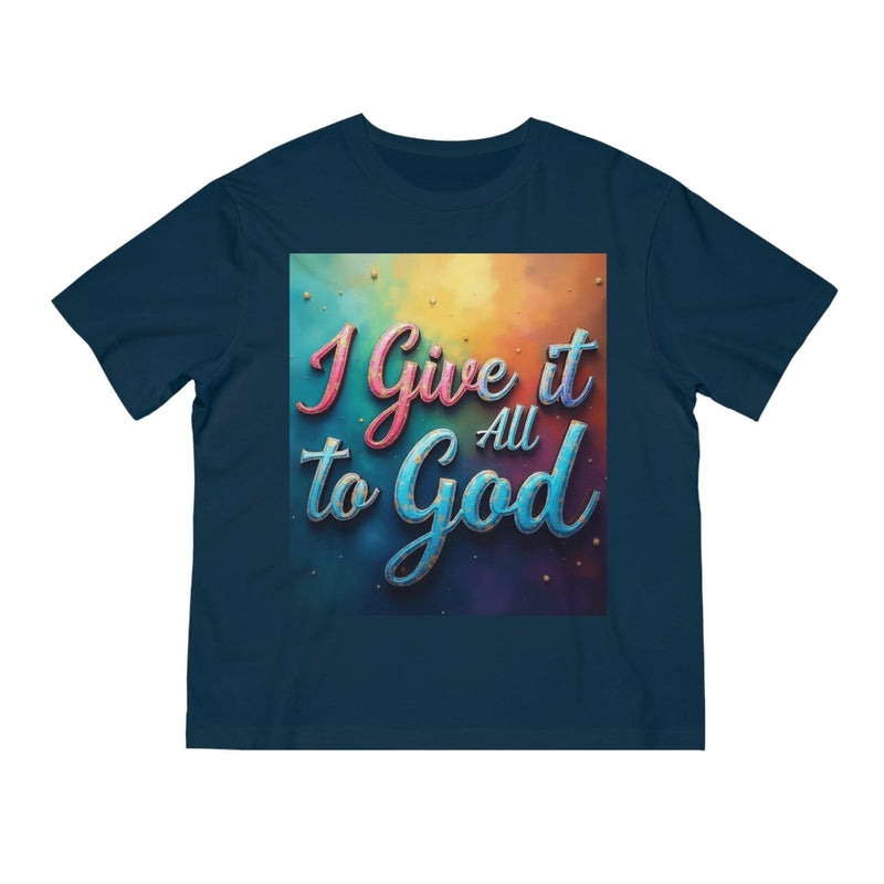 Navy blue unisex t-shirt with colorful "I Give it All to God" inspirational faith message design.