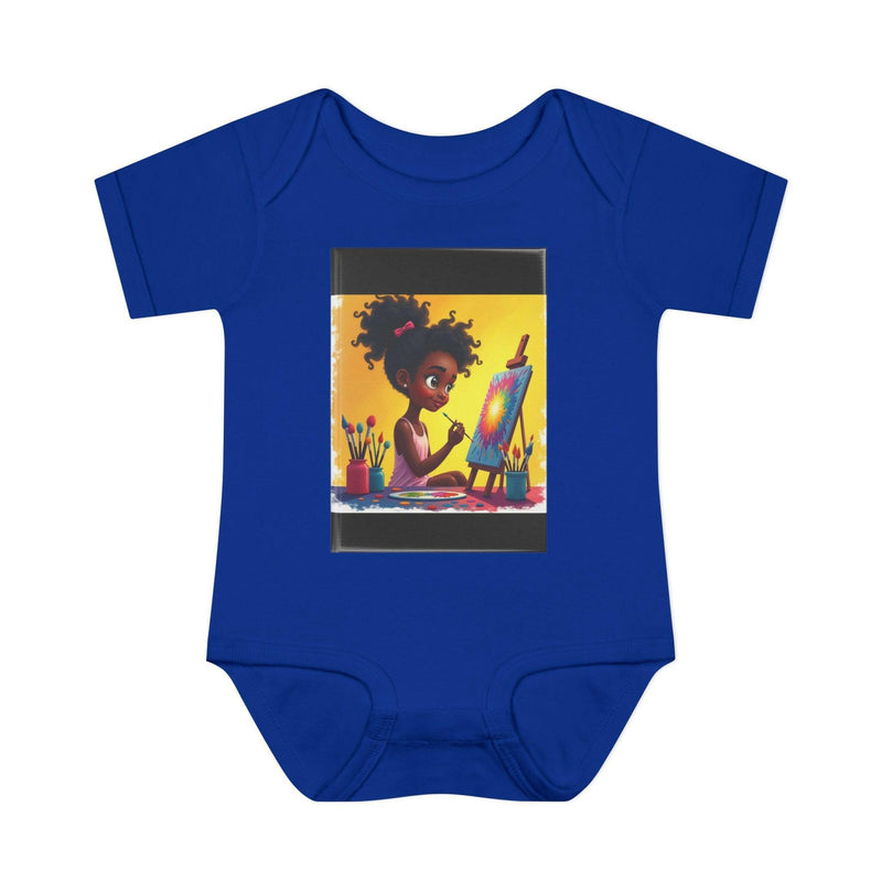 Blue baby bodysuit with colorful illustration of a young girl painting on a canvas, made of soft cotton with lap shoulder design and three-snap closure.