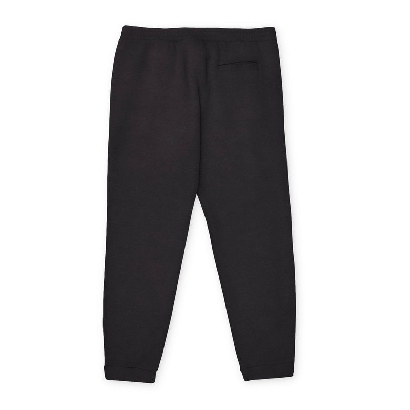Black cozy unisex fleece joggers with elastic waistband, cuffed hems, side and back pockets, made from sustainable materials.