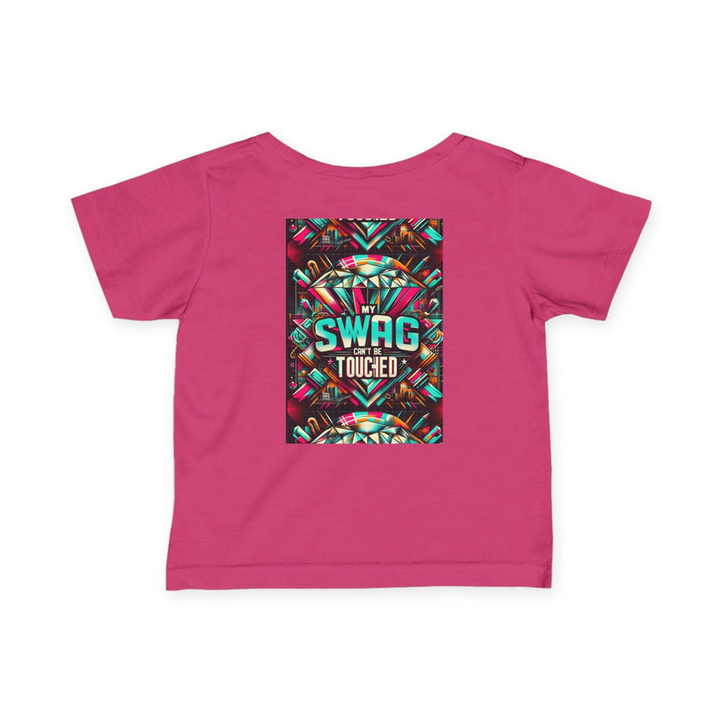 Pink infant fine jersey tee with colorful "My Swag Can't Be Touched" graphic print on the back, casual baby fashion shirt.
