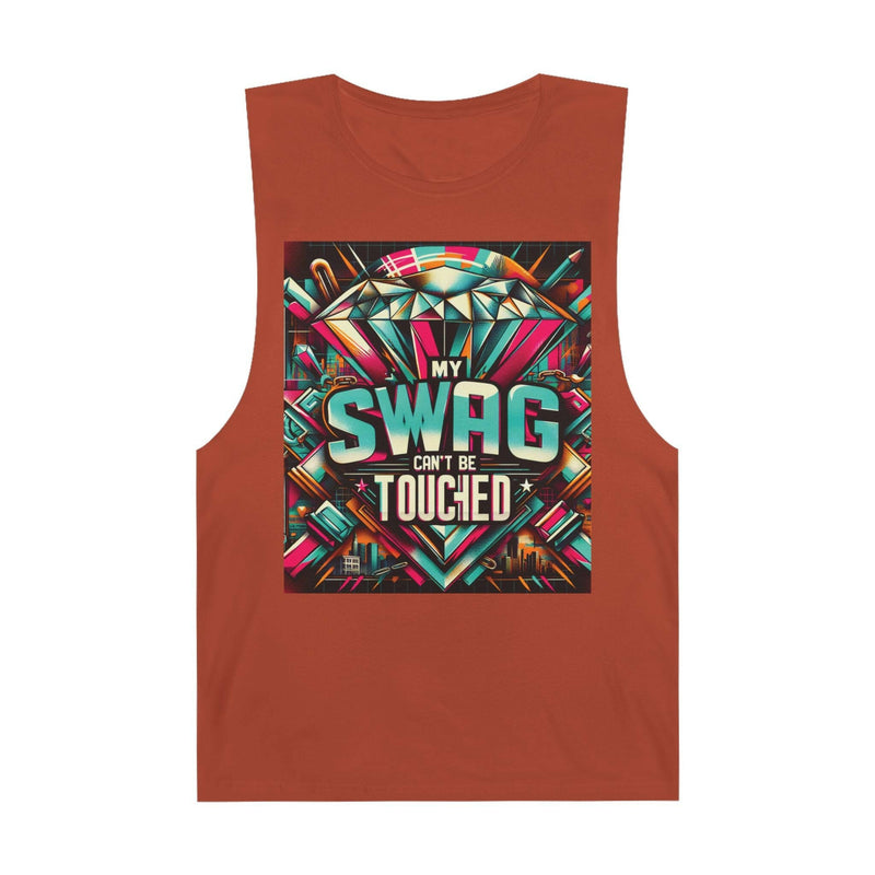 Unisex graphic tank top in rust color with vibrant "My Swag Can't Be Touchied" design, casual summer wear, stylish and breathable.