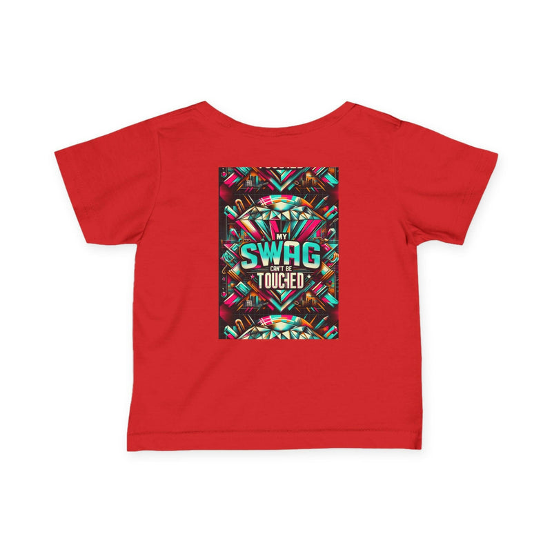 Red infant fine jersey tee with colorful "My Swag Can't Be Touched" graphic print on back, soft cotton blend, casual baby fashion shirt.