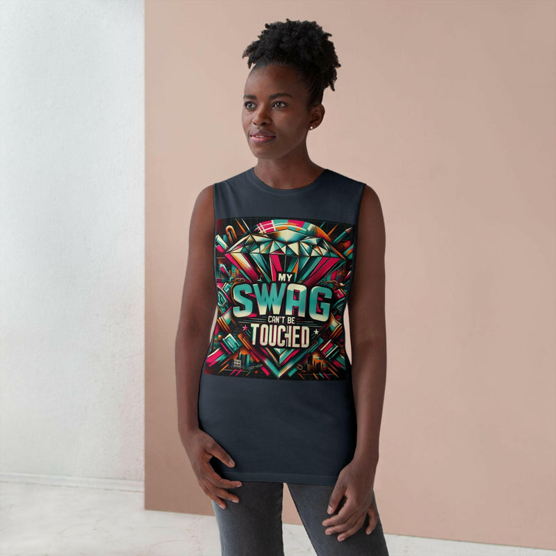 Unisex Graphic Tank Top with colorful "My Swag Can't Be Touched" design, sleeveless casual summer wear for beach and festivals