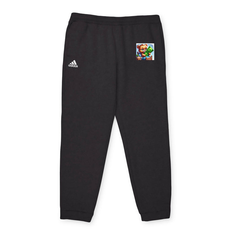 Black cozy unisex fleece joggers with elastic waistband, cuffed hems, slanted side pockets, and white adidas logo on right hip.