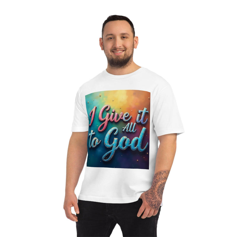 Man wearing white Inspirational Unisex Fuser T-Shirt with "I Give it All to God" colorful text design