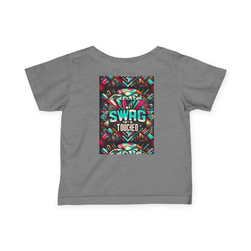 Cool infant fine jersey tee in gray with colorful "My Swag Can't Be Touched" graphic for trendy baby fashion and playtime wear