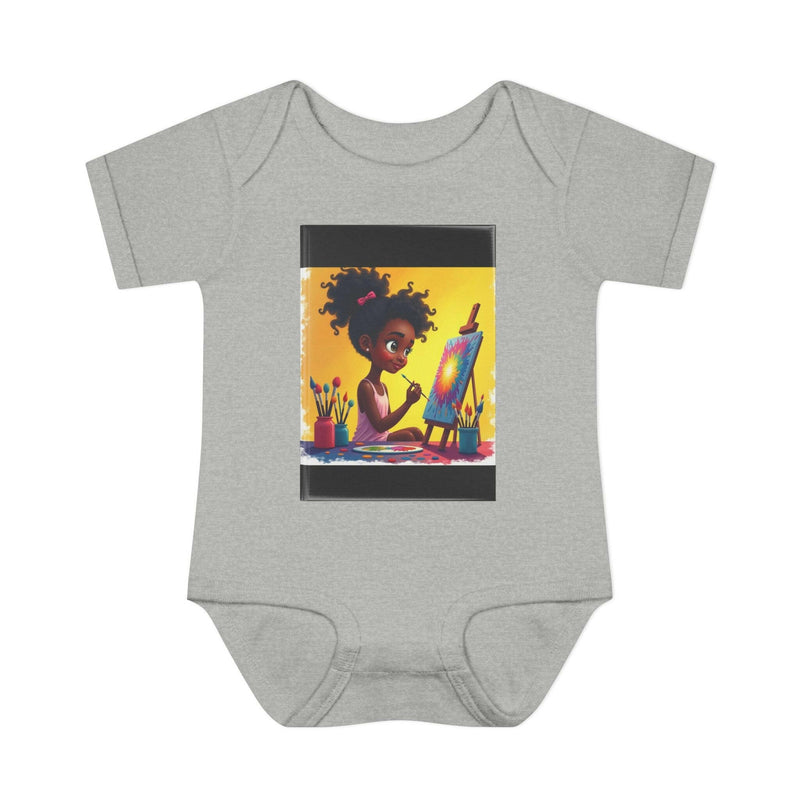 Gray baby bodysuit featuring a colorful illustration of a toddler painting on a canvas, made from soft cotton with lap shoulder design and three-snap closure.