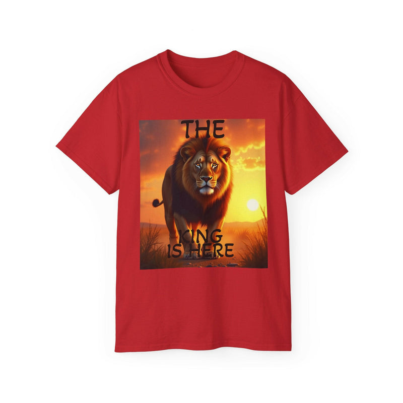Red unisex ultra cotton tee featuring bold lion graphic with "The King is Here" text at sunset background