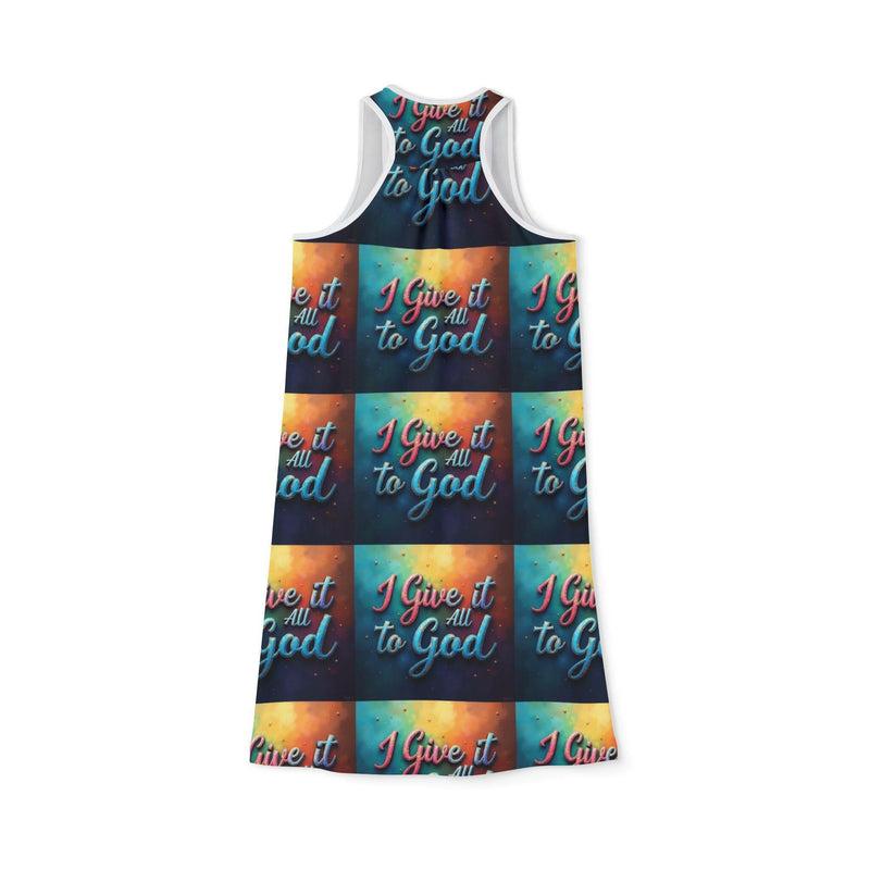 Inspirational Women's Racerback Dress with vibrant "I Give It All to God" faith-based print and high cut neckline for casual summer wear