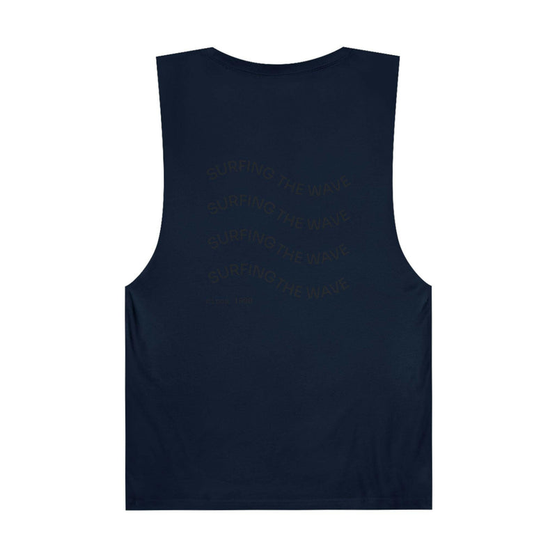 Back view of navy blue unisex graphic tank top with "Surfing the Wave" text design, casual sleeveless summer wear