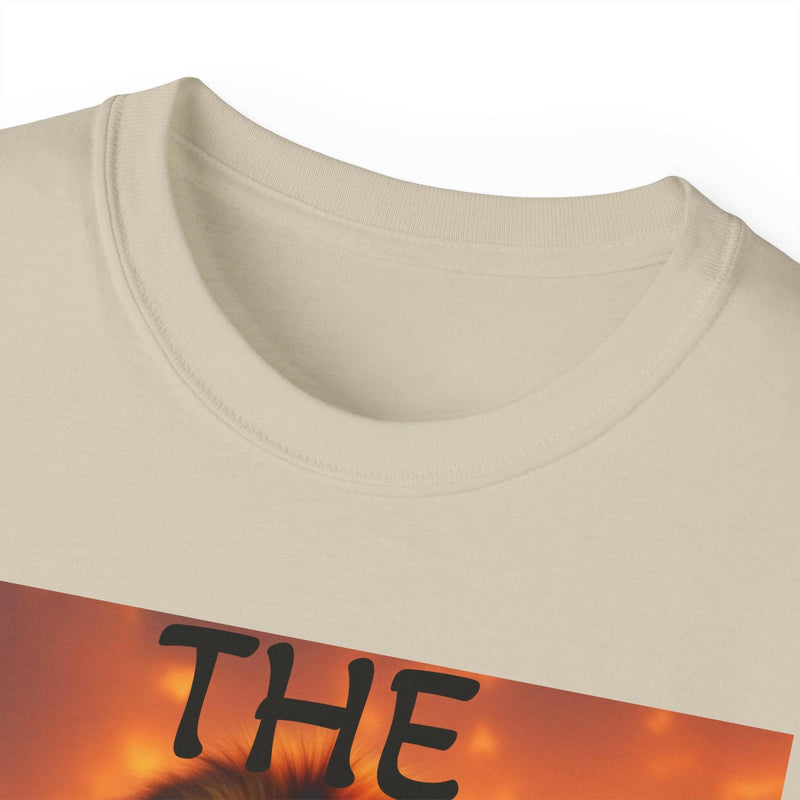 Close-up of Lion King Unisex Ultra Cotton Tee with ribbed knit collar and bold inspirational graphic print on soft cream fabric