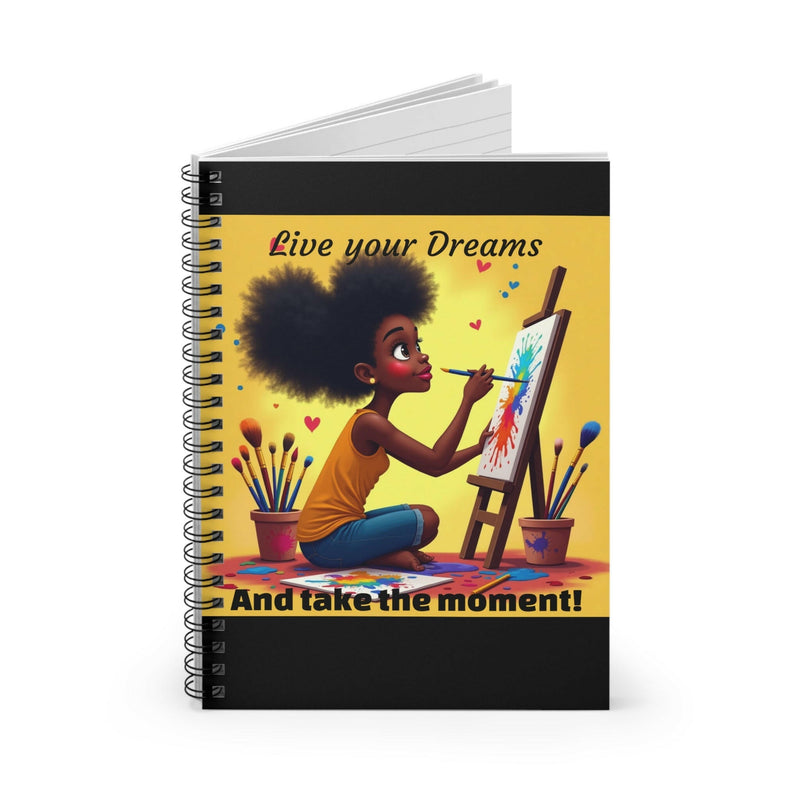 Inspirational spiral notebook with vibrant cover art of a young artist painting, featuring "Live your Dreams and take the moment" text