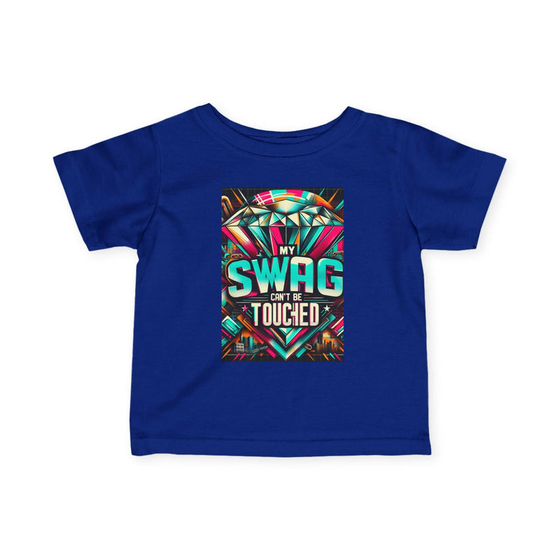 Blue infant fine jersey tee with colorful "My Swag Can't Be Touched" graphic print, soft cotton fabric baby shirt for trendy toddlers.