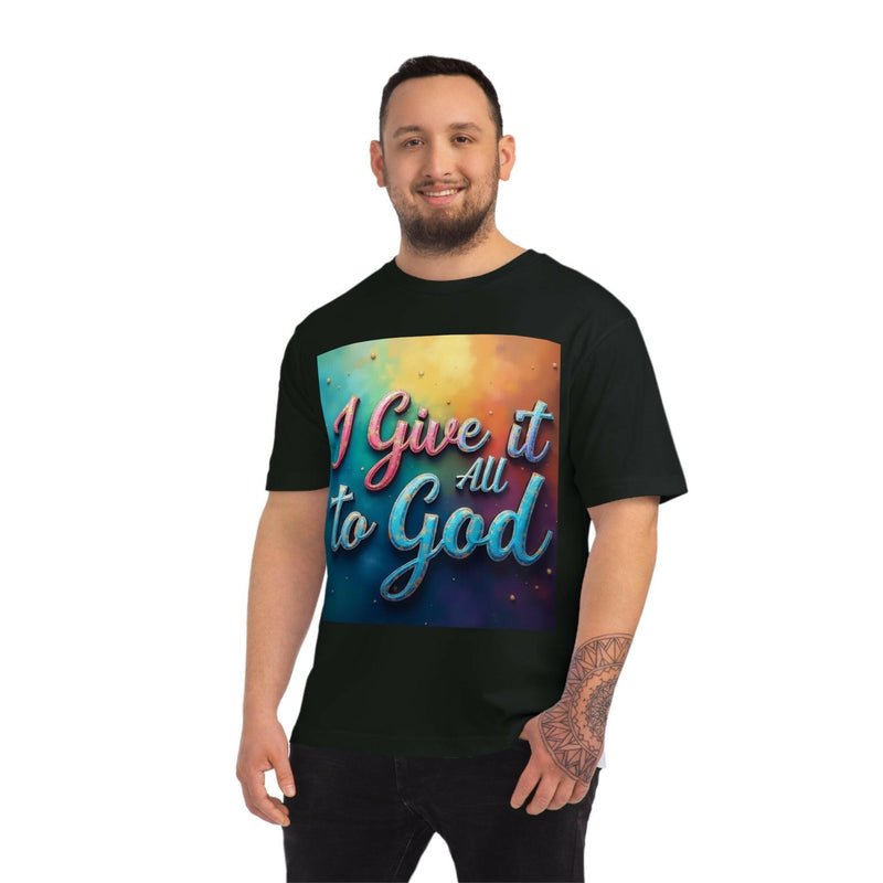 Man wearing black Inspirational Unisex Fuser T-Shirt with colorful "I Give it All to God" text design on front