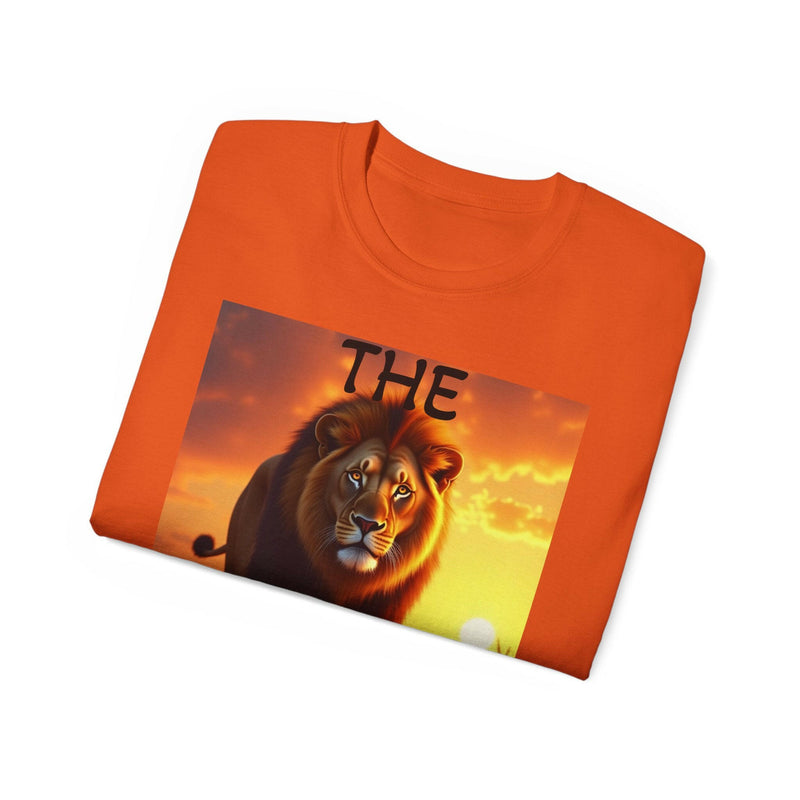 Unisex orange ultra cotton tee featuring bold Lion King graphic with vibrant sunset background