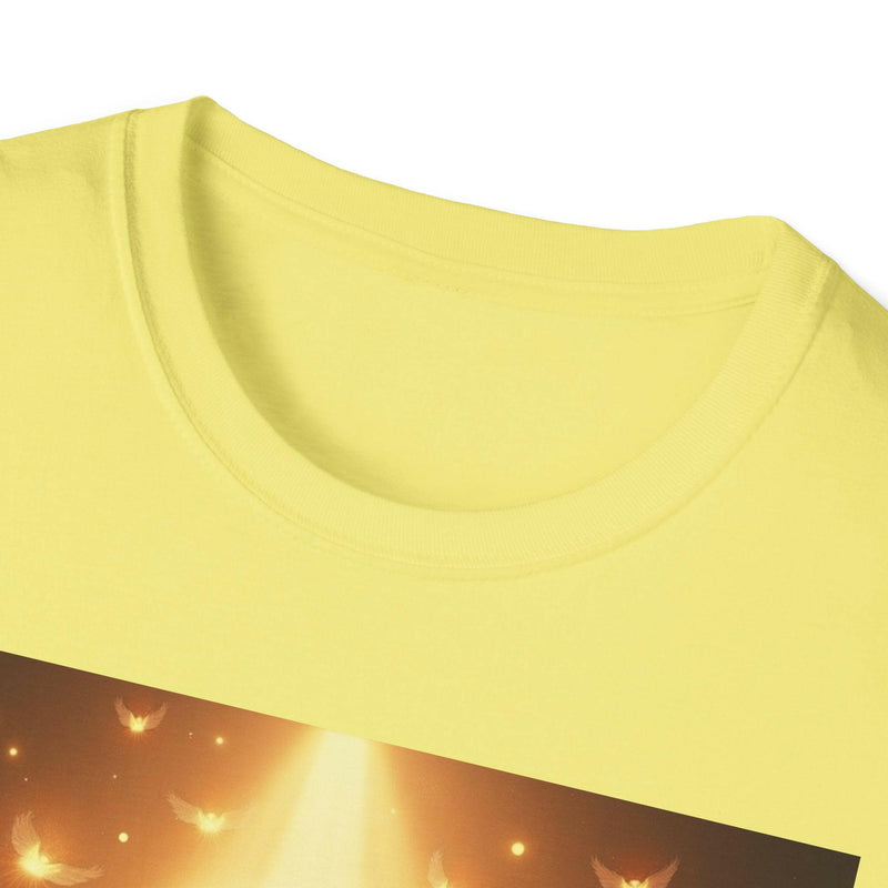 Yellow unisex Softstyle T-shirt with inspirational "Glory to the Lord" Christian design, featuring a ribbed collar and durable cotton fabric.