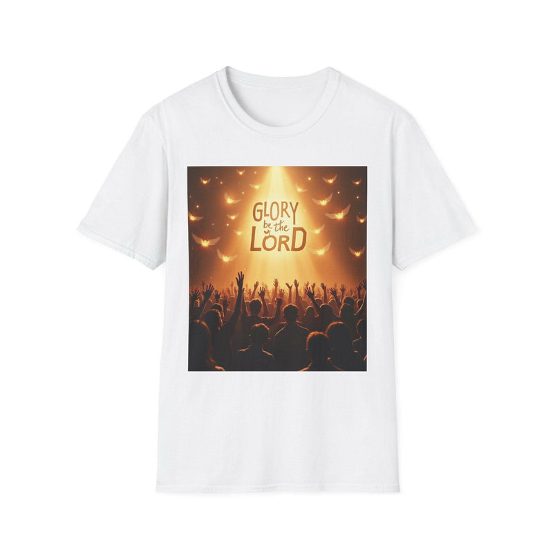 White unisex softstyle t-shirt with "Glory be to the Lord" inspirational Christian design and crowd silhouette raised hands.