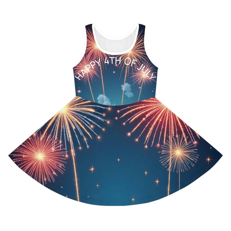 Happy 4th of July celebration with girls' sundress featuring patriotic red, white, and blue colors