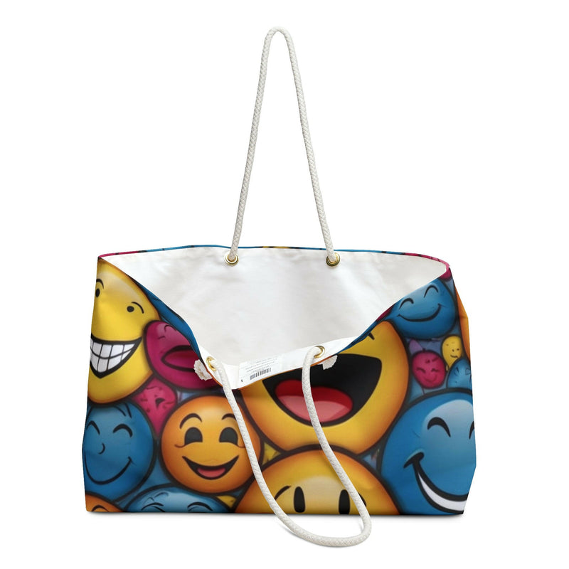 Smiley Face Weekender Bag, Fun Travel Tote, Weekend Getaway Bag, Emoji Beach Bag, Gift for Friends, Cheerful Travel Accessory