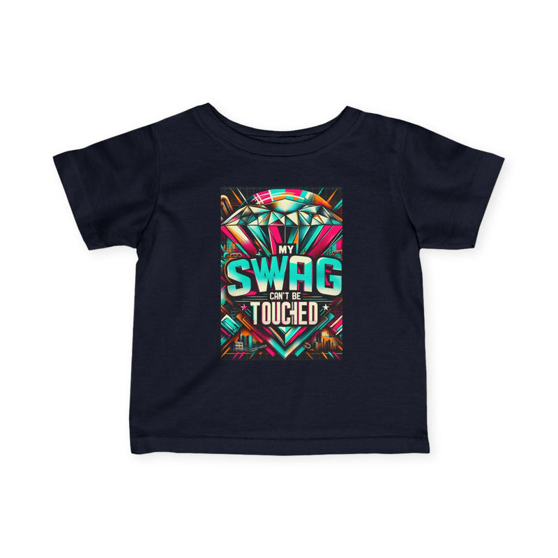 Cool infant fine jersey tee in black with colorful "My Swag Can't Be Touched" graphic print, soft cotton blend, stylish baby fashion shirt.