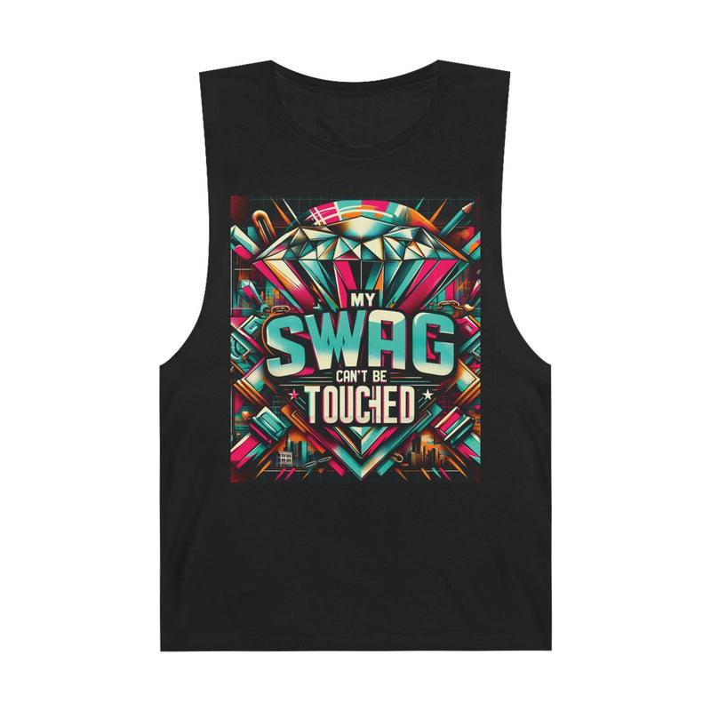 Black unisex graphic tank top with colorful diamond and "My Swag Can't Be Touchied" design for summer casual wear and workout.