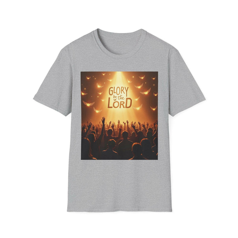 Unisex grey softstyle T-shirt with "Glory be to the Lord" inspirational Christian design and worship crowd illustration