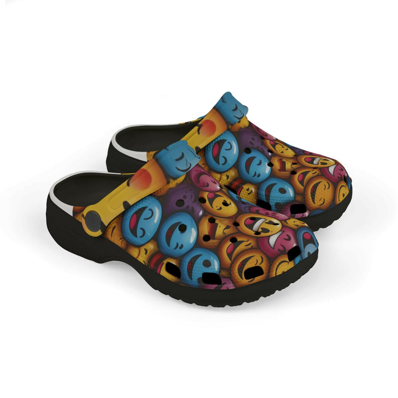 Smiling emoji wearing traditional wooden clogs, symbolizing happiness and cultural footwear fusion.