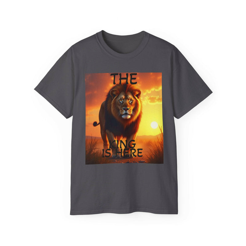 Unisex charcoal gray cotton tee with bold Lion King graphic and sunset background