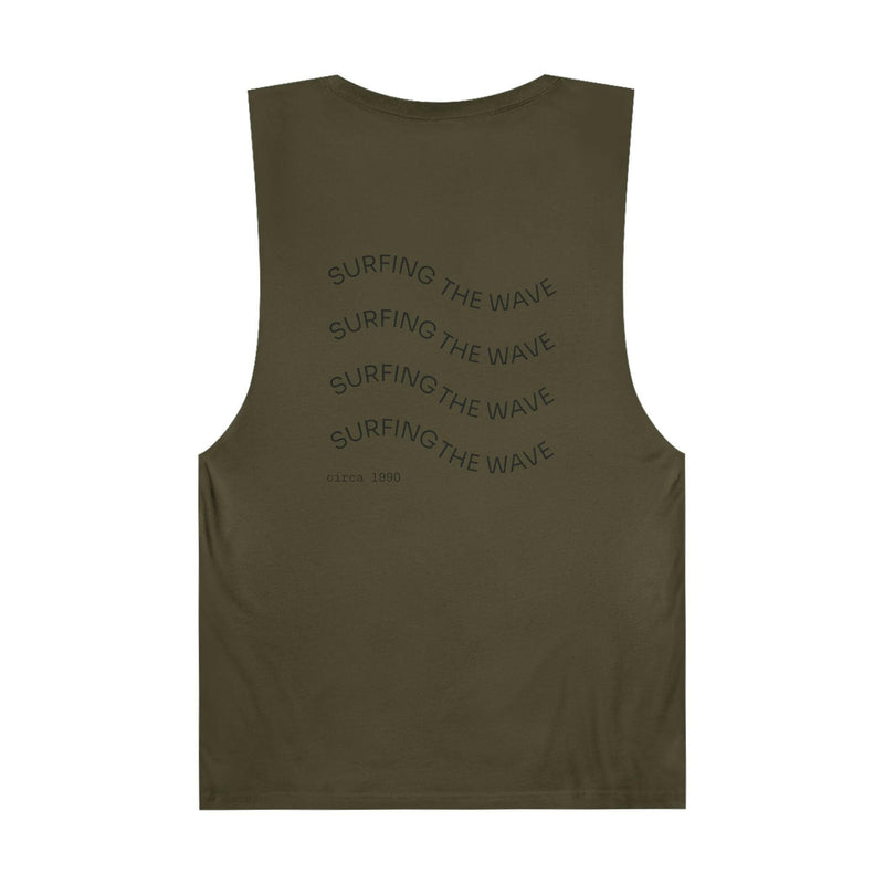 Unisex graphic tank top in olive green with "Surfing the Wave" text design on the back, casual sleeveless summer wear.