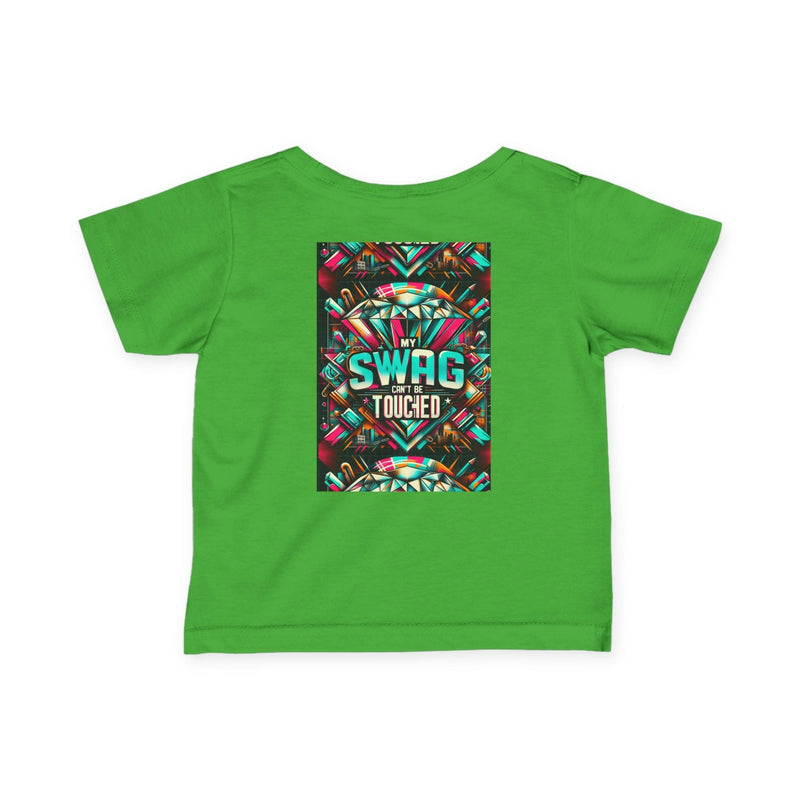 Green infant fine jersey tee with colorful "My Swag Can't Be Touched" graphic on back, trendy baby shirt for playtime and festivals