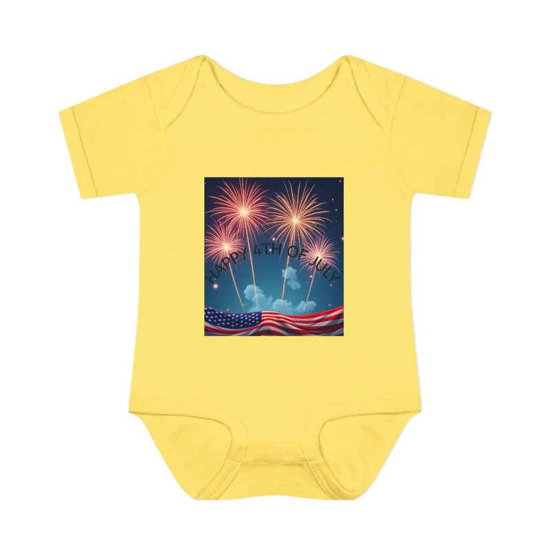 Independence Day baby bodysuit featuring patriotic design ideal for newborn celebrations and festive attire