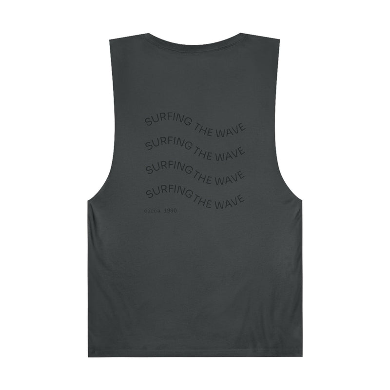 Unisex graphic tank top in charcoal gray with "Surfing the Wave" text design on the back, casual summer wear.