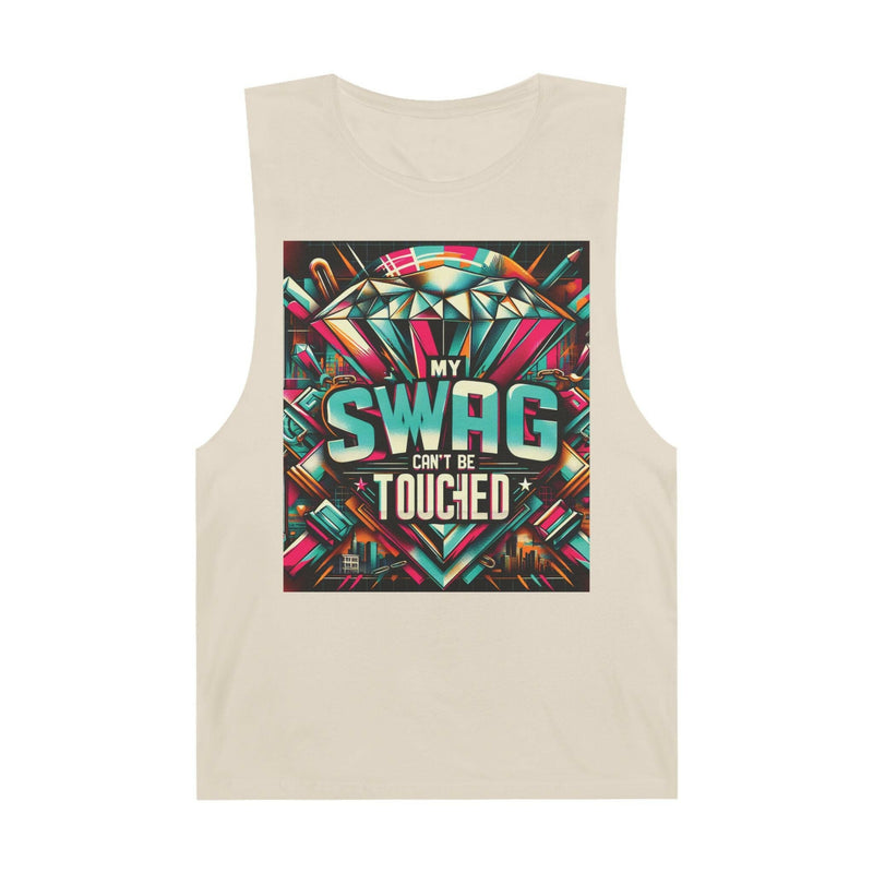 Unisex graphic tank top with colorful "My Swag Can't Be Touchied" design, casual summer wear, sleeveless beach and festival style.