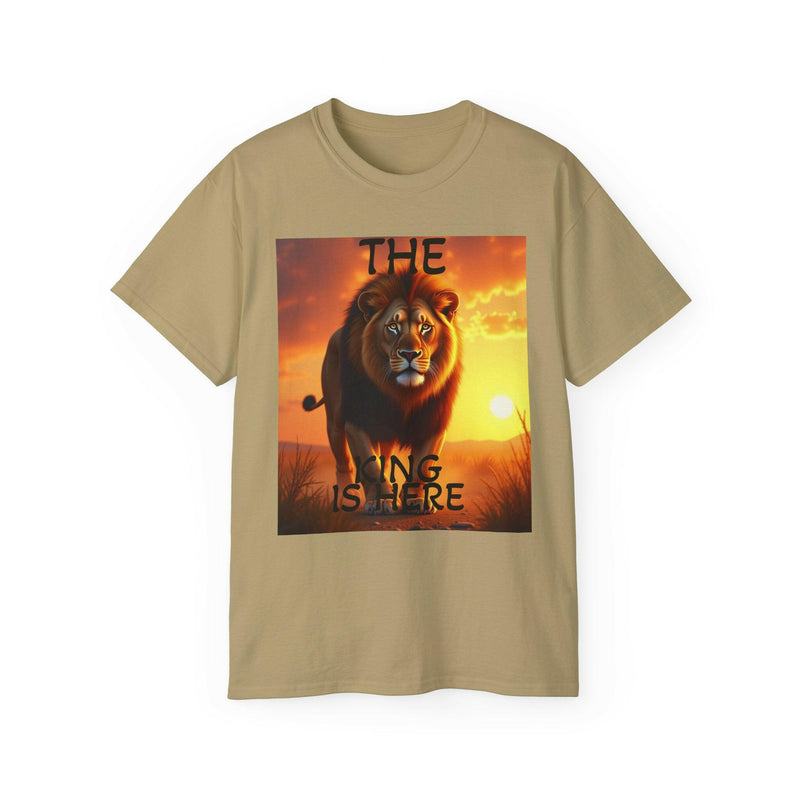 Lion King Unisex Ultra Cotton Tee featuring a bold lion graphic at sunset on a beige cotton shirt