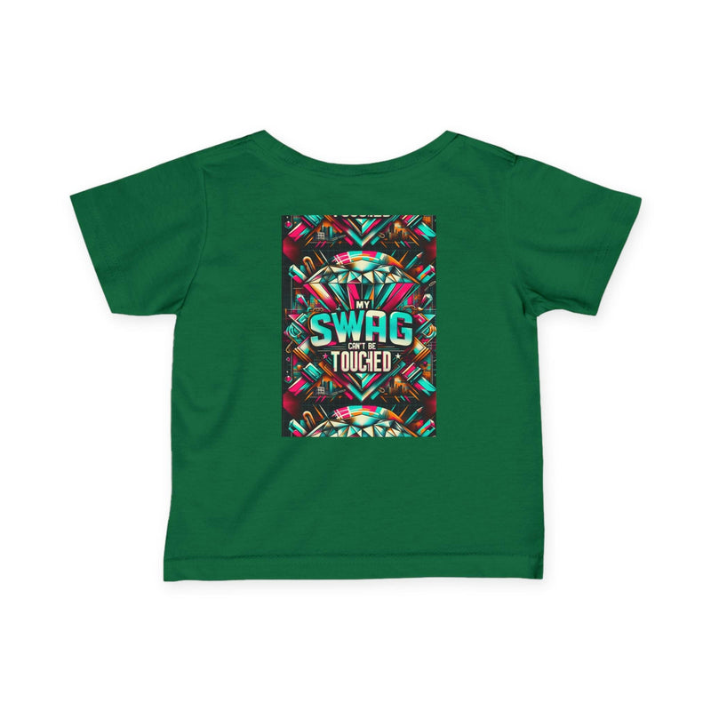Green infant fine jersey tee with colorful "My Swag Can't Be Touched" graphic print on back, trendy baby shirt for casual and festival wear
