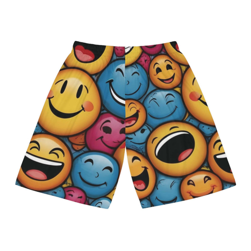 Smiley face design on basketball shorts showcasing a cheerful and sporty style perfect for athletic wear.