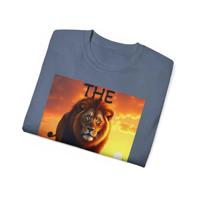 Folded Lion King Unisex Ultra Cotton Tee with vibrant lion graphic on sunset background