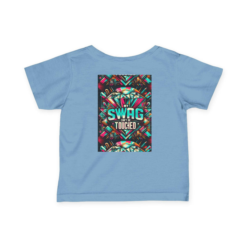 Blue infant fine jersey tee with colorful "My Swag Can't Be Touched" graphic print on back