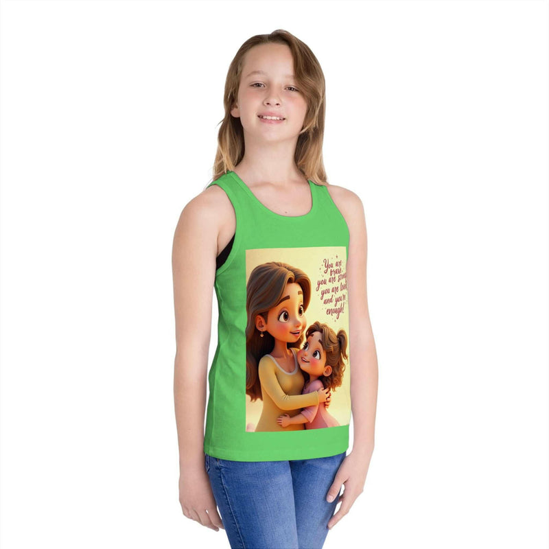 Inspirational kid's green jersey tank top with empowering message and animated mother and child illustration