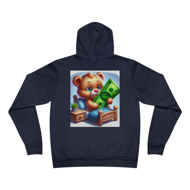 Navy unisex hoodie with cozy teddy bear holding money sitting on a bed graphic on back