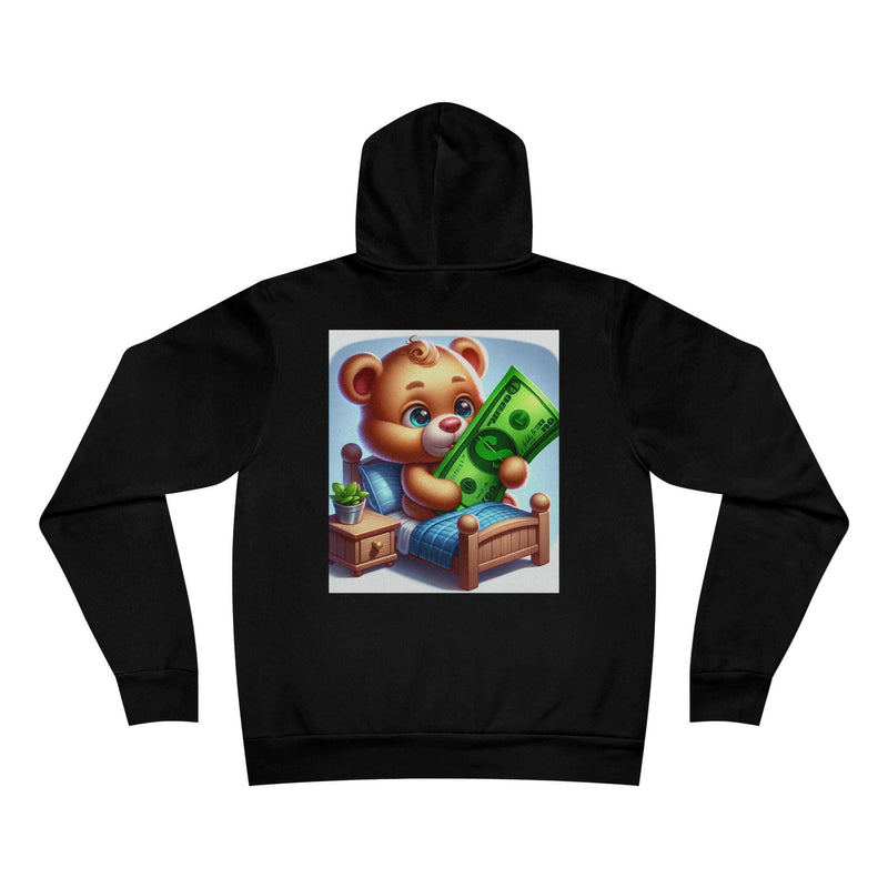 Black unisex hoodie featuring a cozy teddy bear holding money graphic on the back