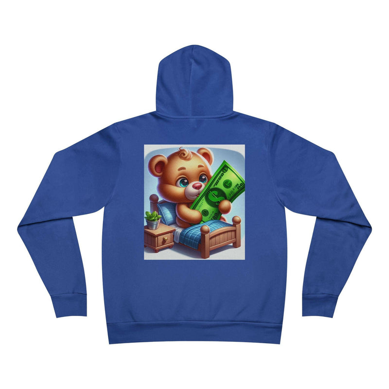 Unisex blue hoodie with cozy teddy bear holding money graphic on back, soft sponge fleece pullover with adjustable hood and kangaroo pocket